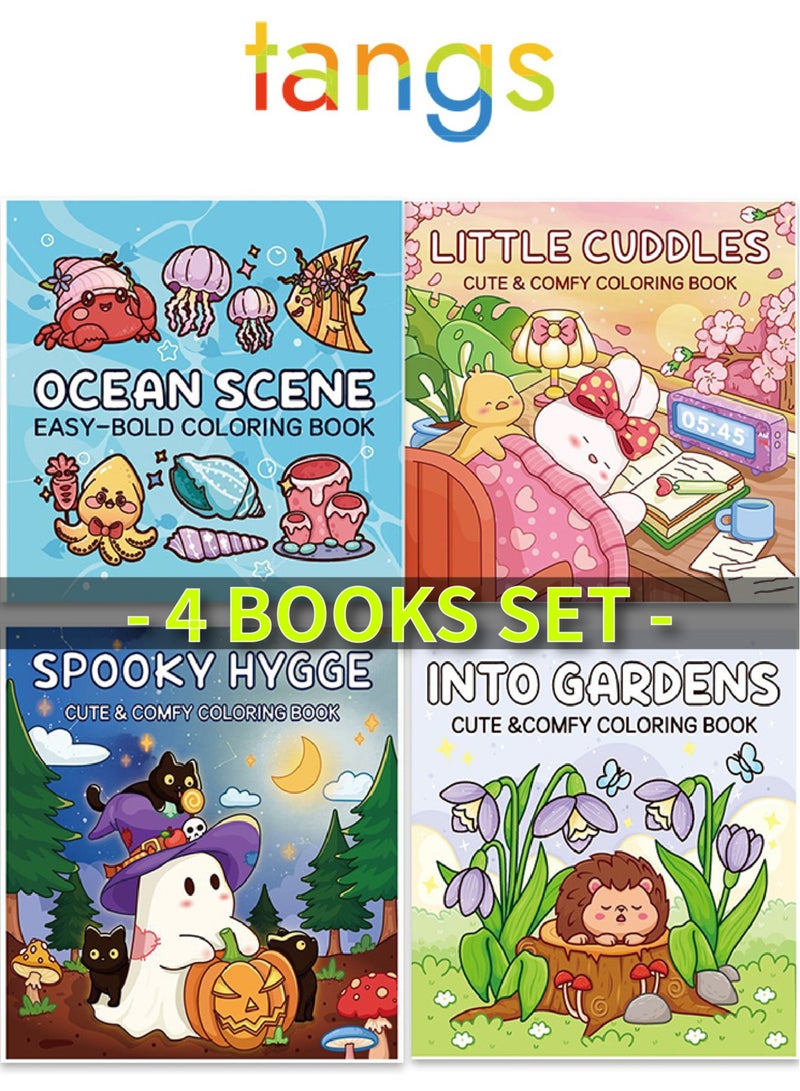 tangs Cute & Comfy Coloring Book Gift Set (4 Books, 40 Pages Each) - Little Cuddles, INTO Gardens, Ocean Scene, Spooky Hygge - Thick Paper, Single-Page Design, Stress Relief for Adults & Kids - Perfect Creative Gift for Artists & Families - Image 1
